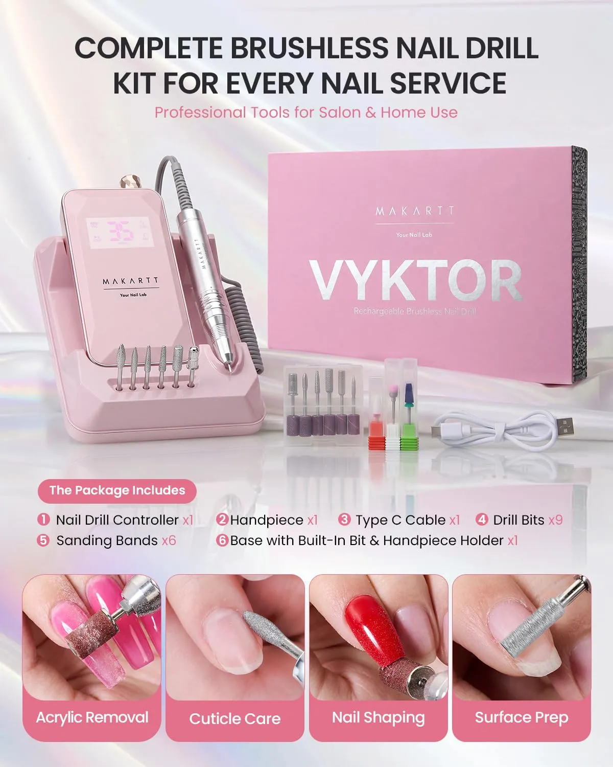Makartt Vyktor nagelfil 60W 35000RPM rosa borstlös
