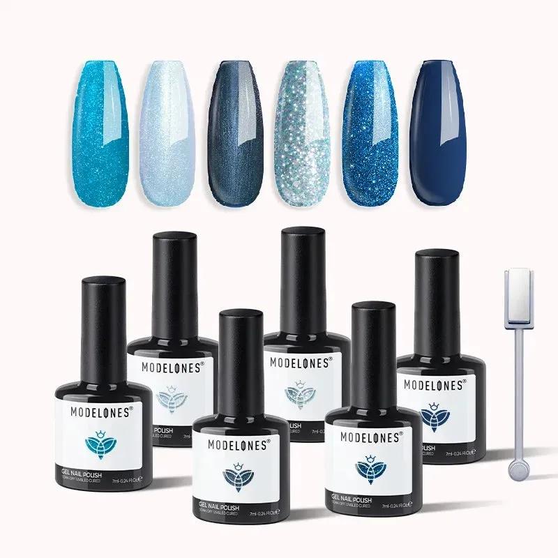 modelones Cyan Forest gellackset 6-pack blå glitter