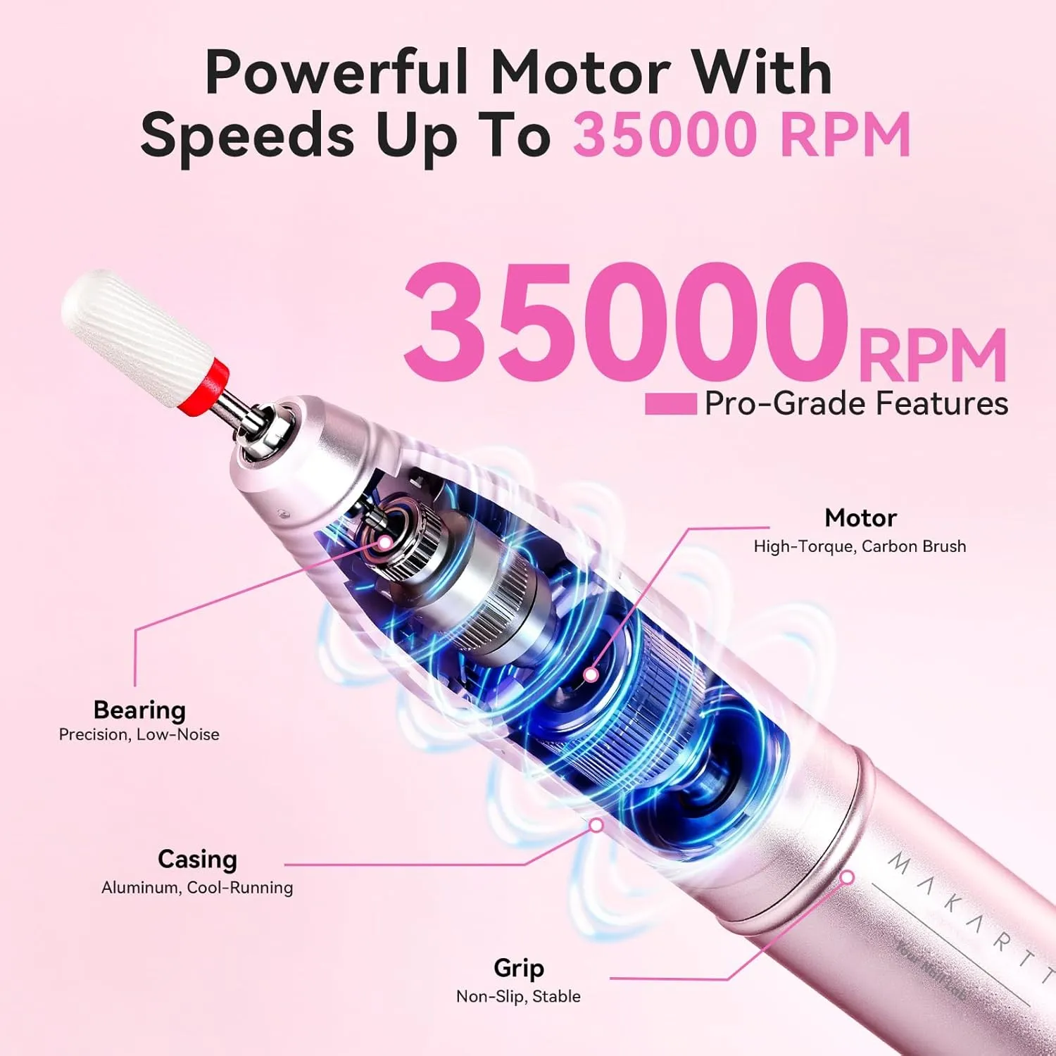 Makartt Portable 35000 RPM elektrisk nagelslip Rosa