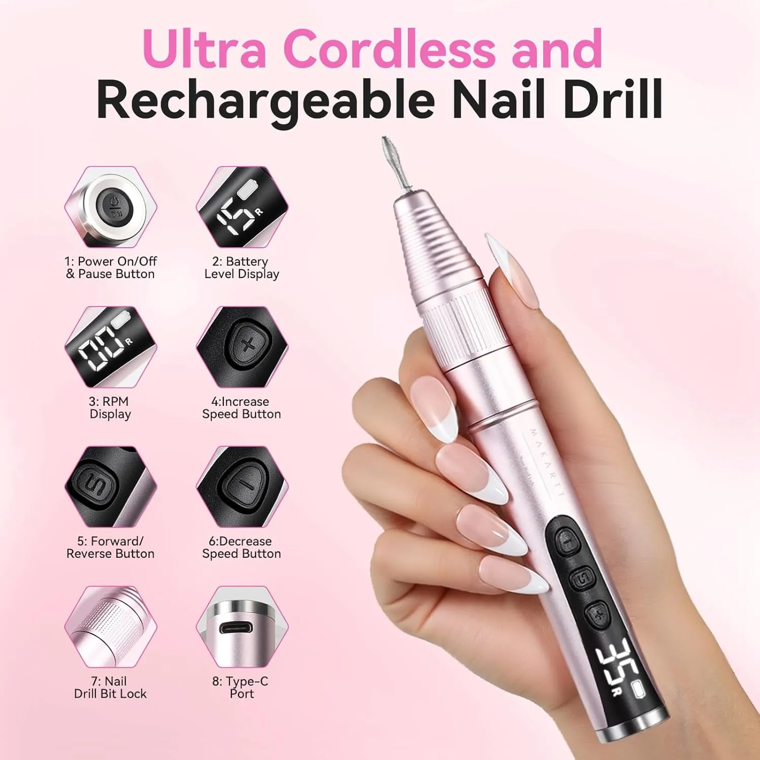 Makartt Portable 35000 RPM elektrisk nagelslip Rosa
