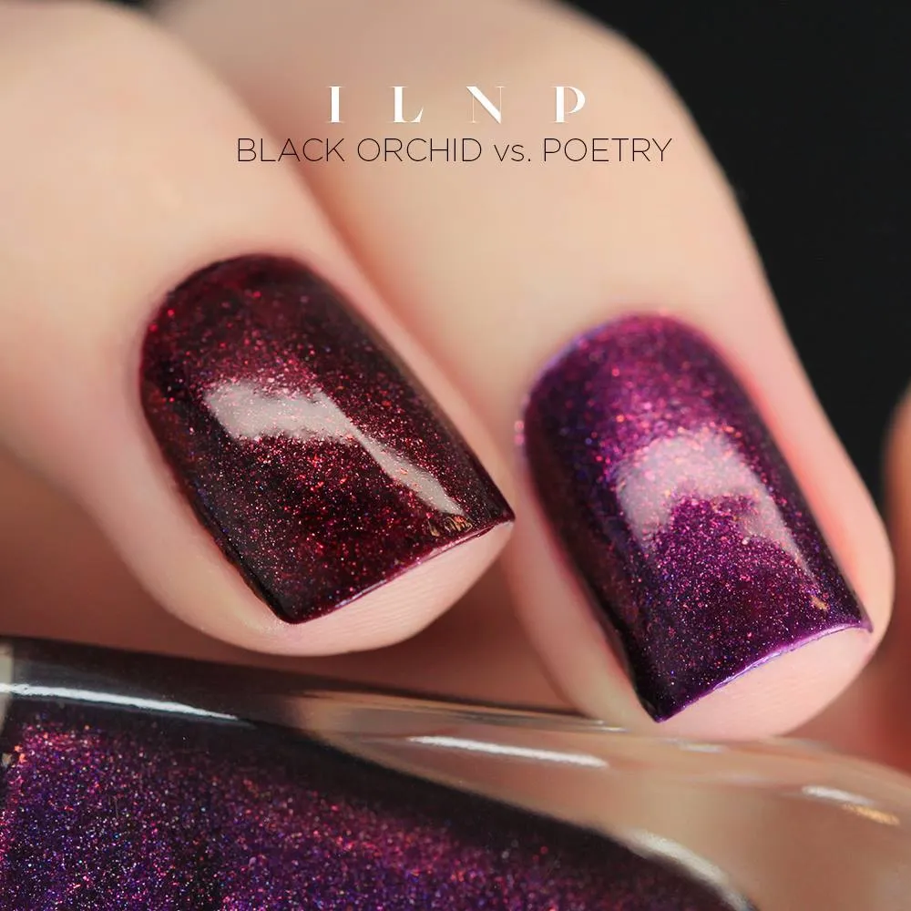 ILNP Black Orchid nagellack mörk bourgogne holografiskt