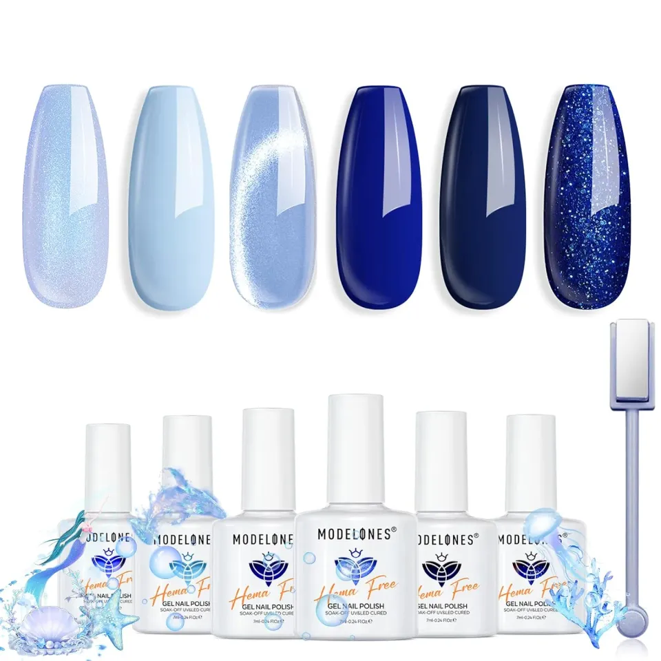 Modelones Cat Eye gellack set blå 6 färger HEMA-fri