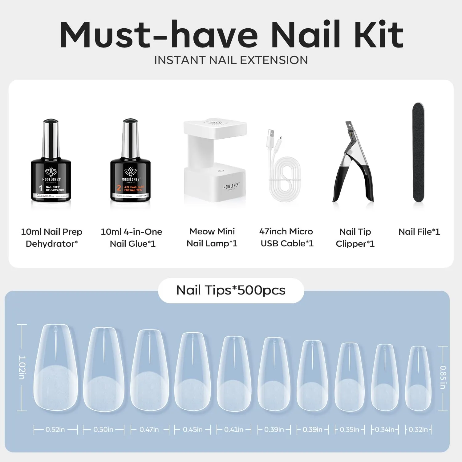 Modelones Semi-Matte Coffin nagelkit 500-tippar verktyg