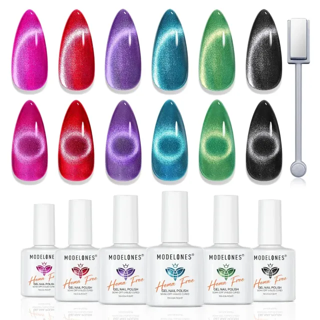 Modelones Cat Eye gellack set 6 färger magnet holografiskt