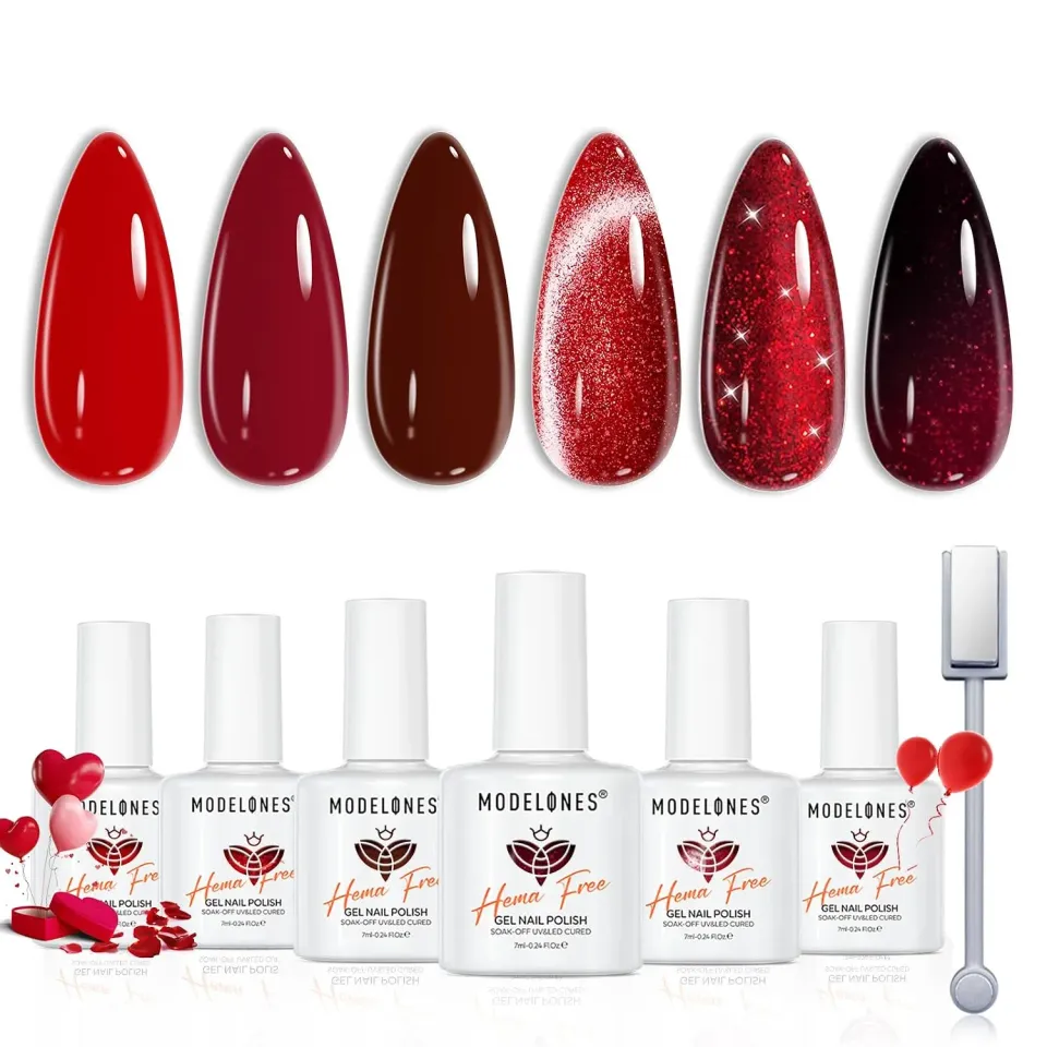 Modelones Red Cat Eye gellackset röd 6 färger HEMA-fri
