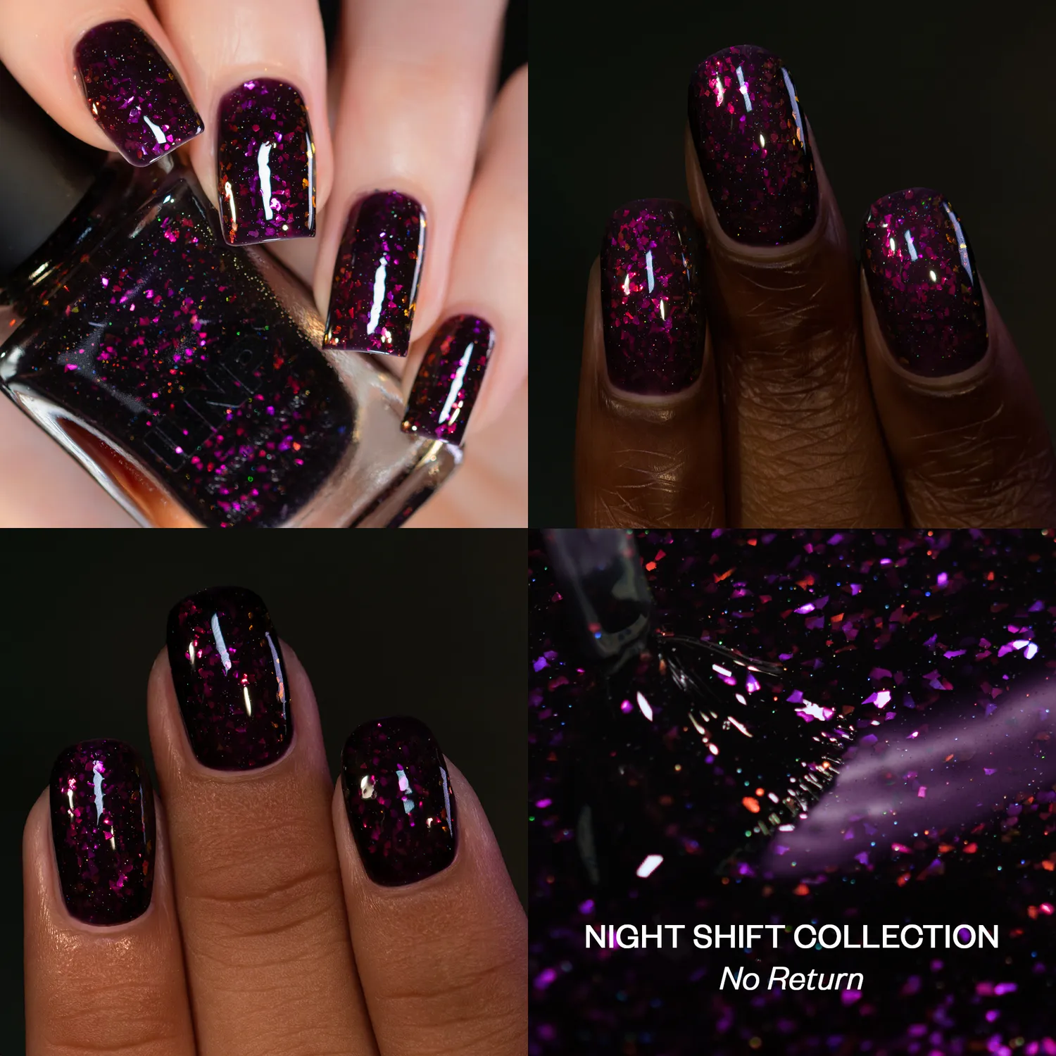 ILNP No Return nagellack svart aubergine flakies