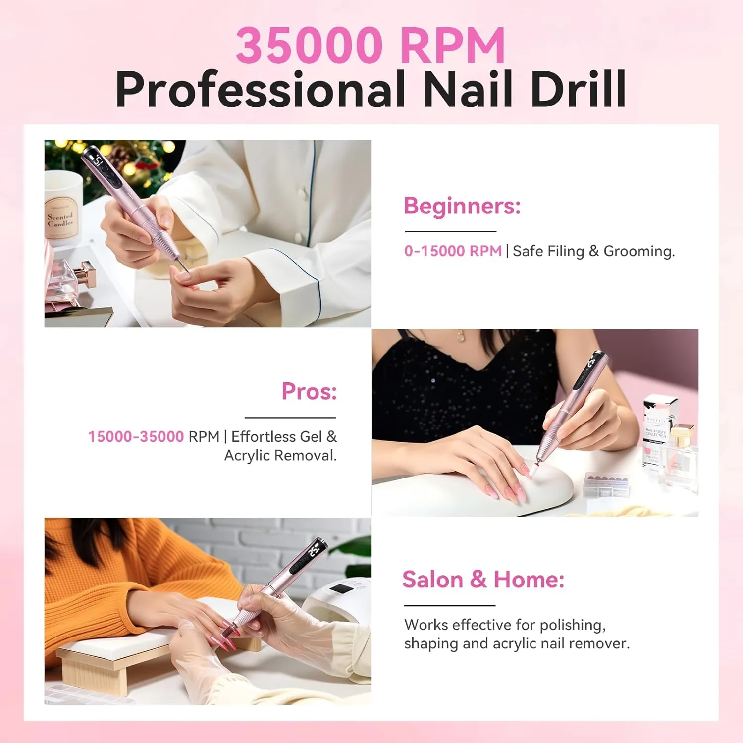 Makartt Portable 35000 RPM elektrisk nagelslip Rosa
