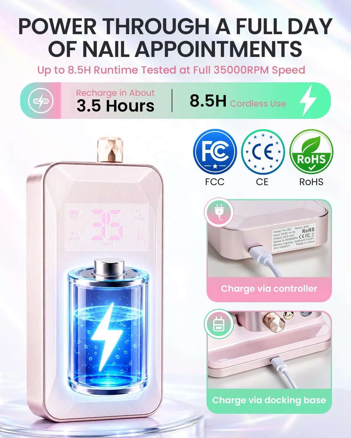 Makartt Vyktor nagelfil 60W 35000RPM rosa borstlös