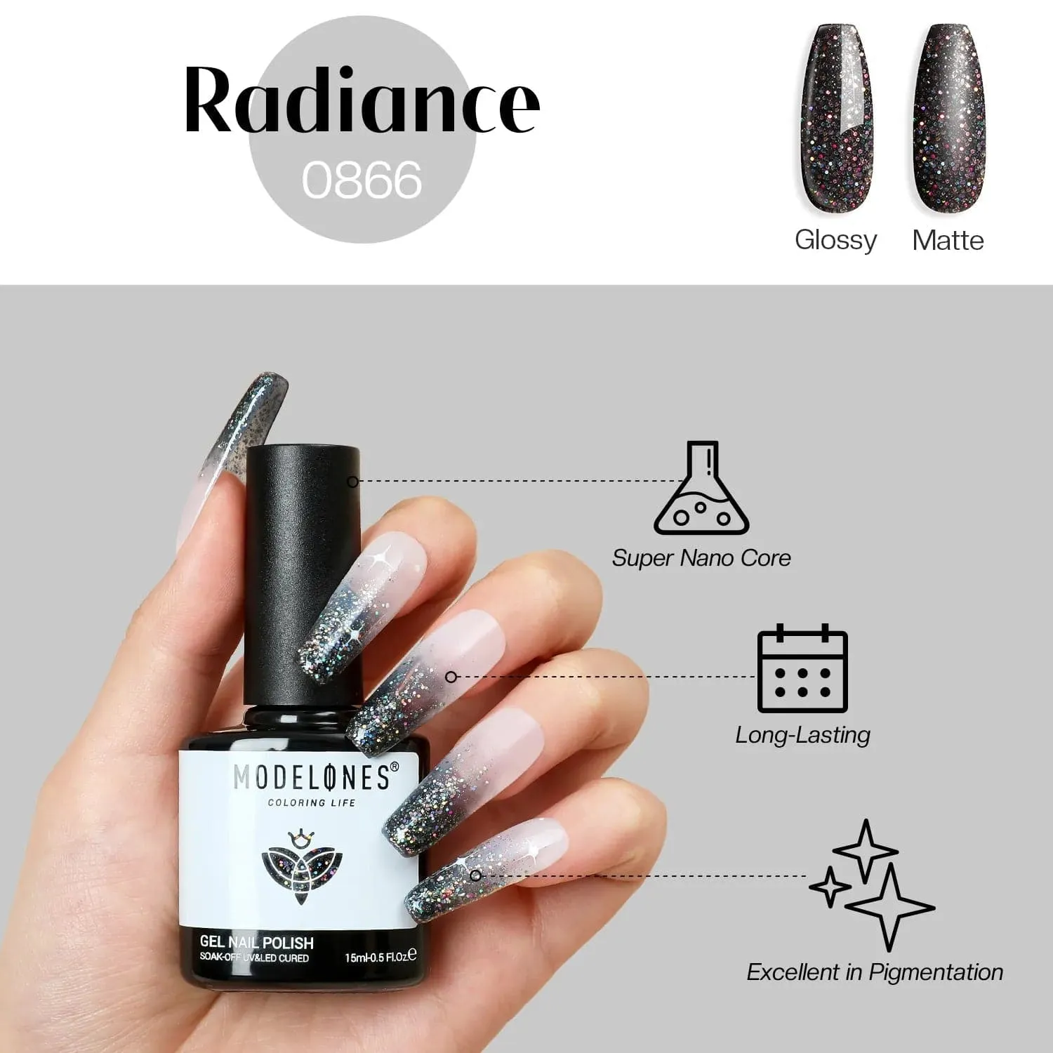 Modelones Inspire Gel Radiance gellack 15 ml svart glitter