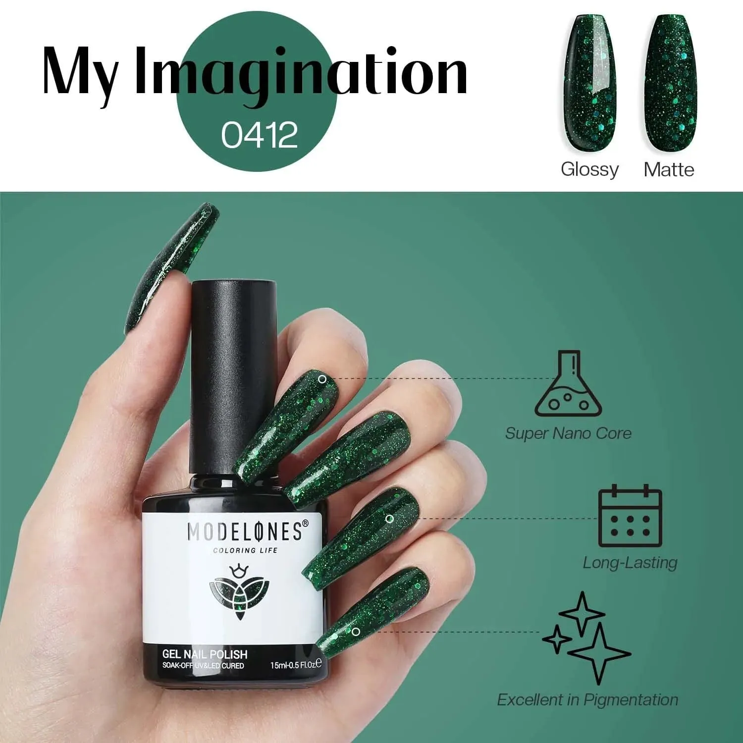 modelones Inspire Gel gellack My Imagination 15ml glitter grön
