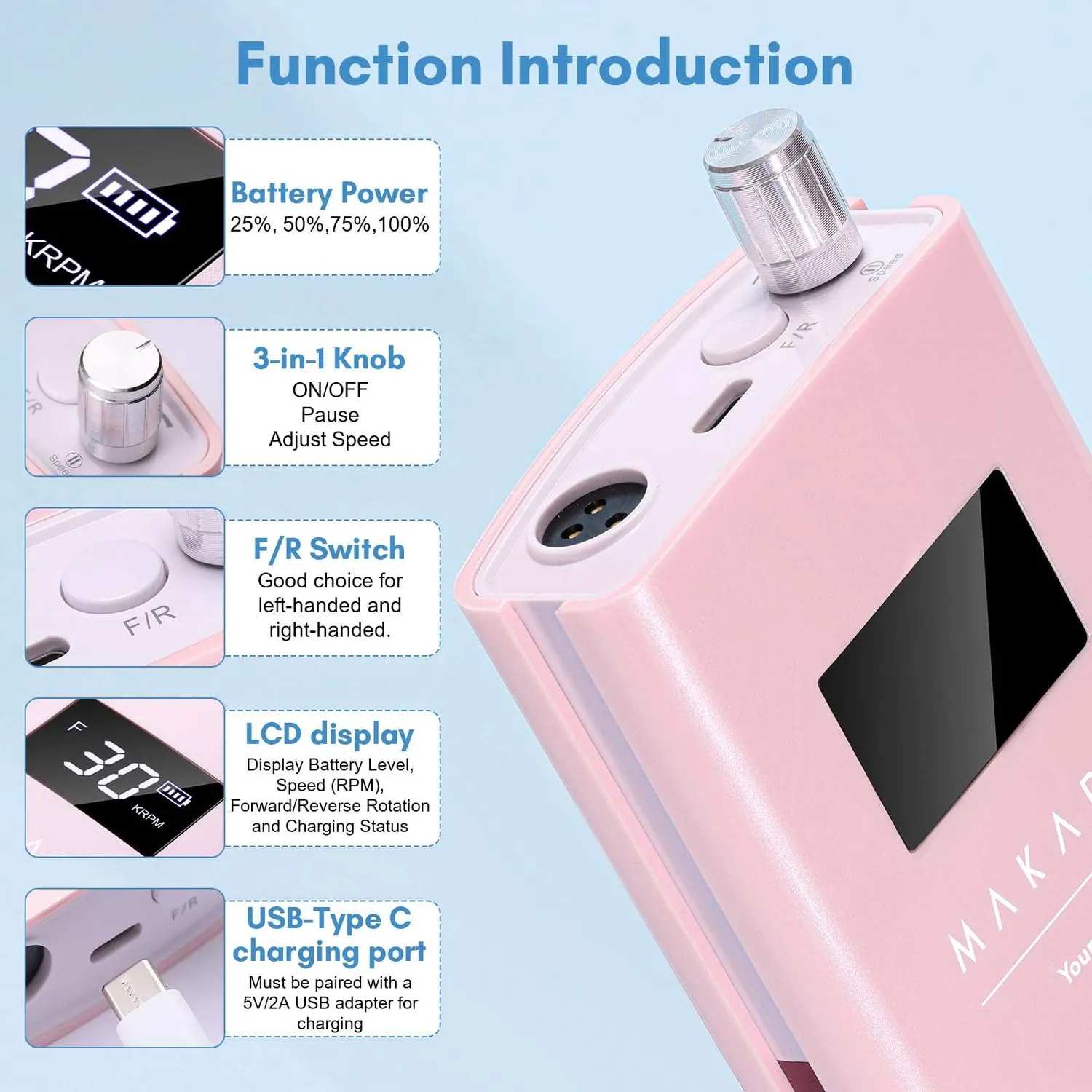 Makartt Perlarie Pink nagelfil elektrisk 30000RPM