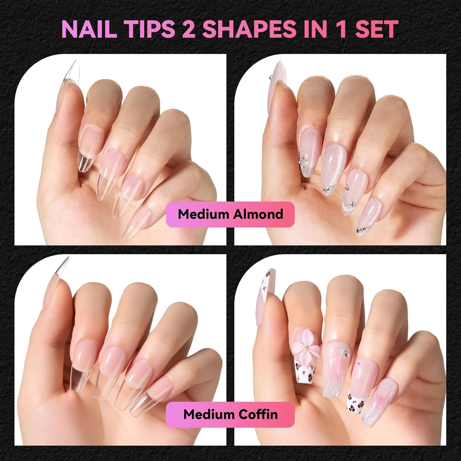 Makartt 2 Shapes in 1 Box nageltippar Medium Almond & Medium Coffin