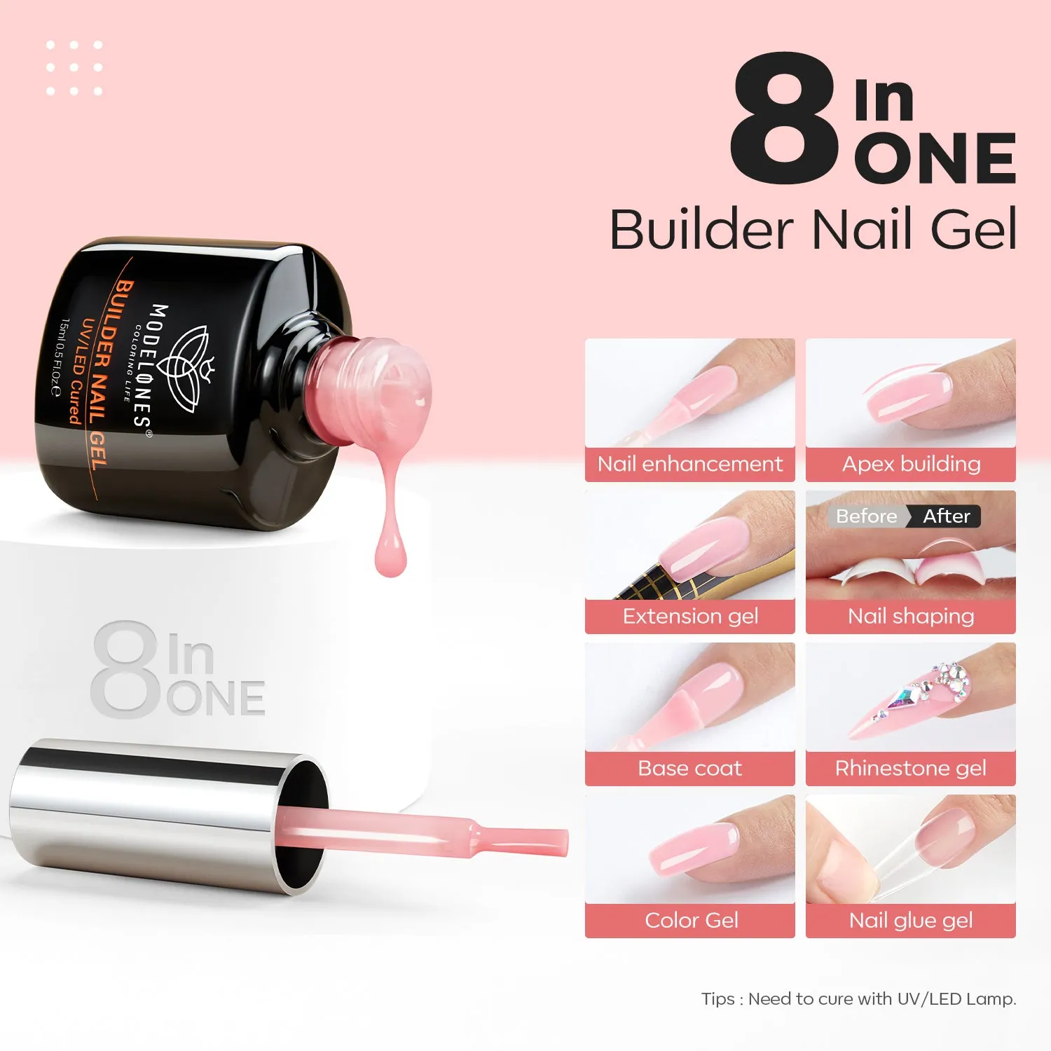 modelones Rose Blush builder gel 15 ml rosa 8-i-1