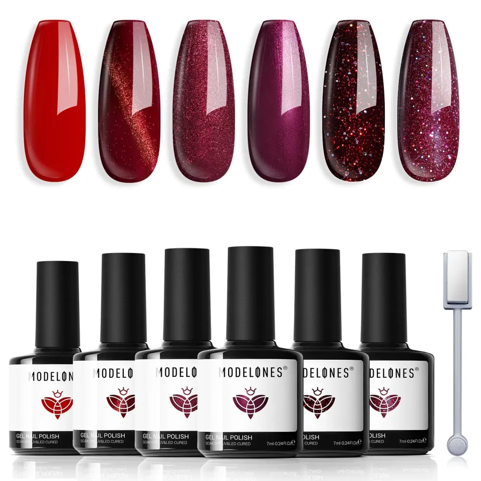 Modelones Cat Eye gellackset 6x7 ml röd glitter magnet