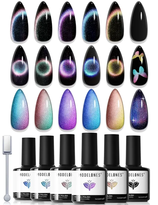 Modelones Cat Eye gellackset 6-pack glitter rosa blå grön