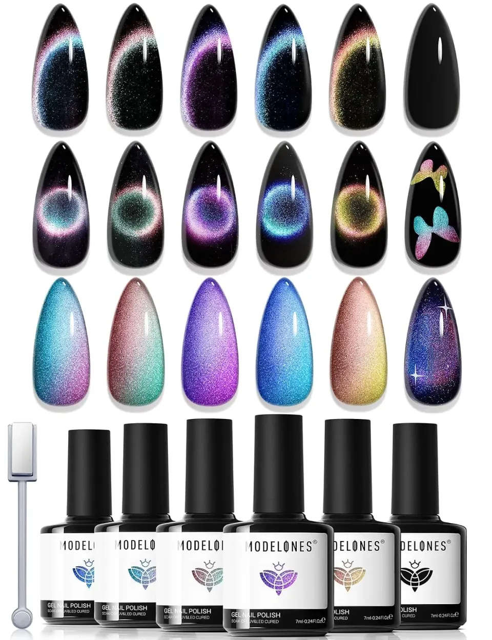 Modelones Cat Eye gellackset 6-pack glitter rosa blå grön