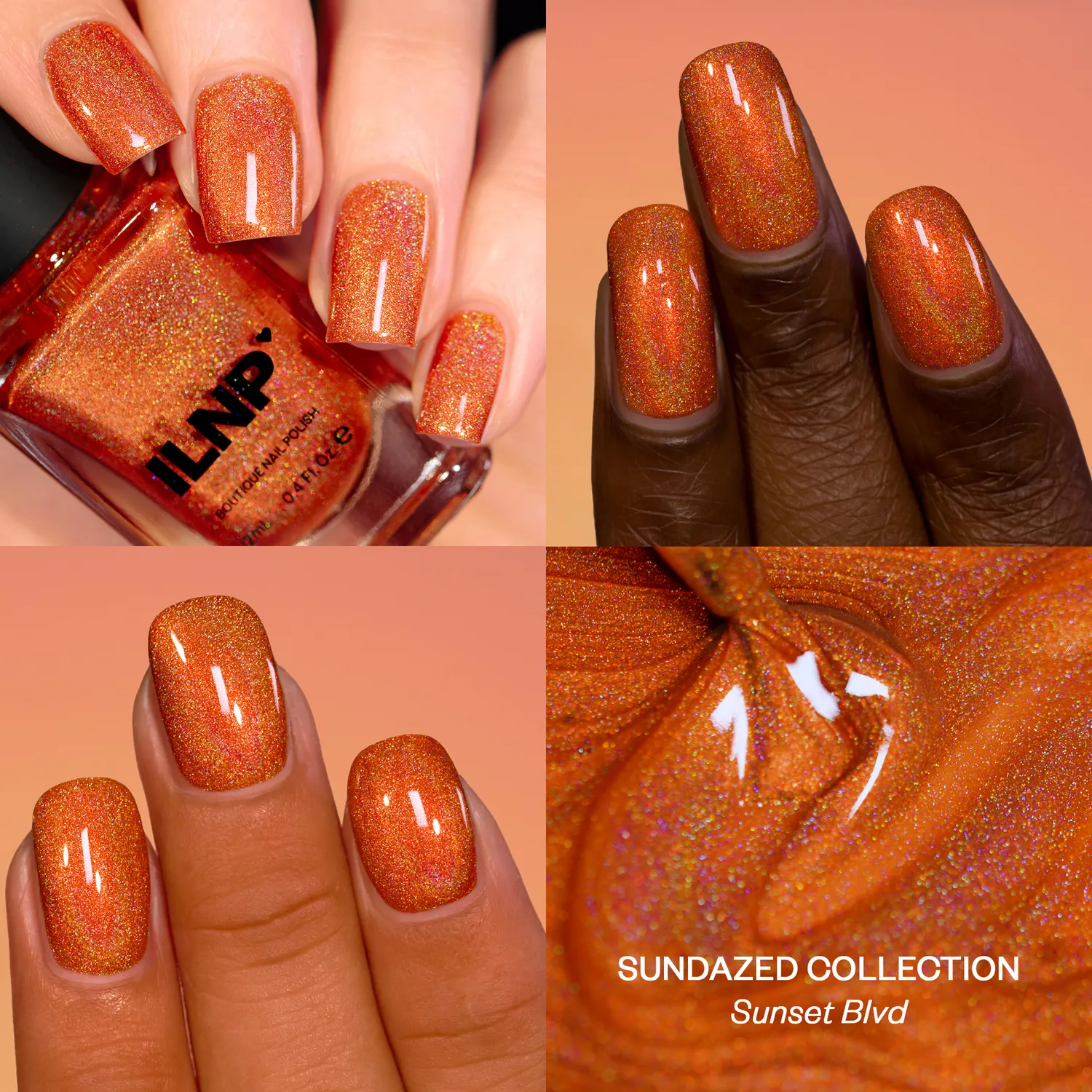 ILNP Sunset Blvd holografiskt nagellack orange guldskimmer