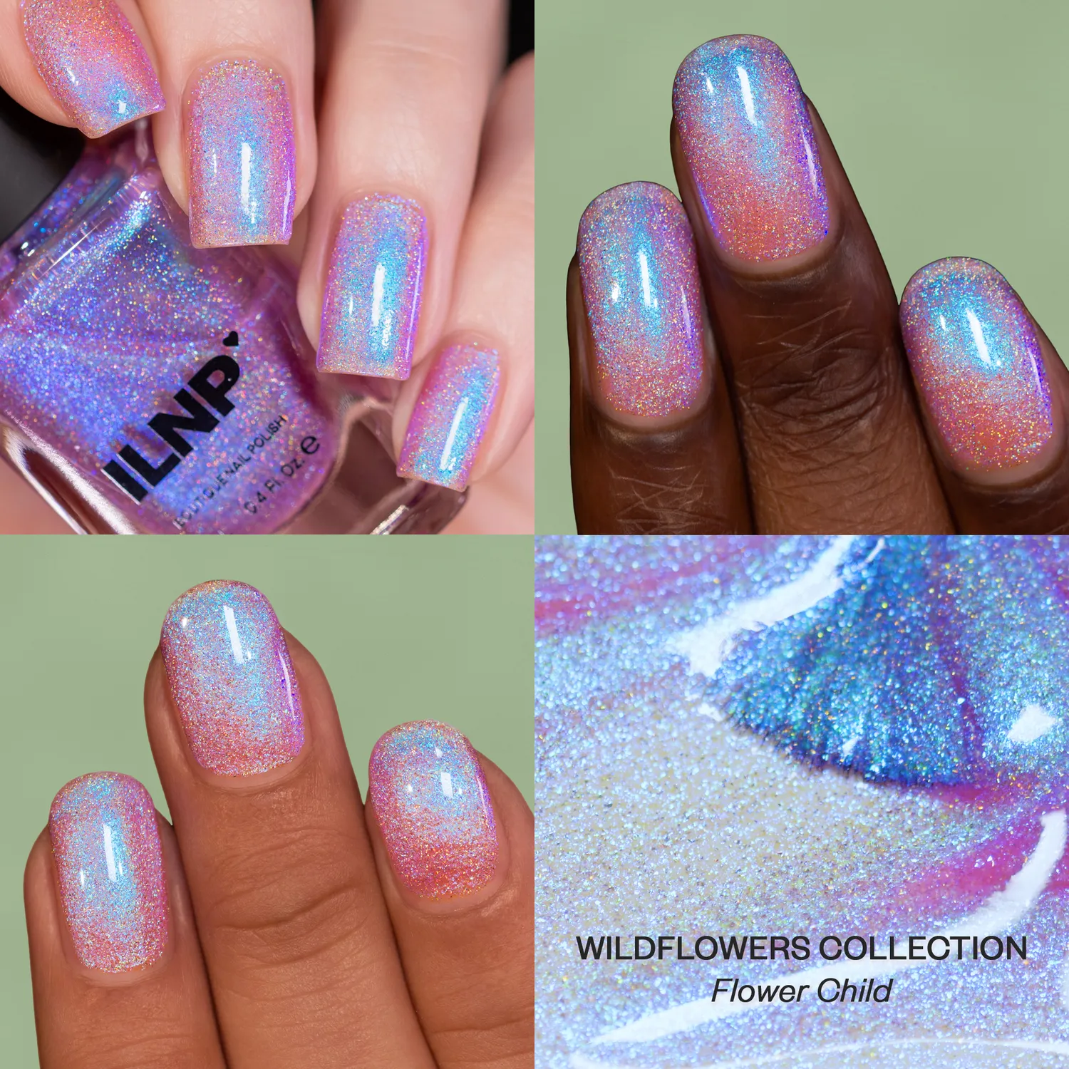 ILNP Flower Child nagellack ljusrosa jelly blått skimmer